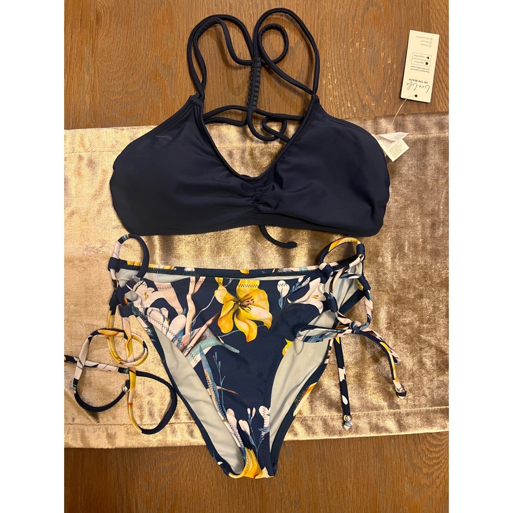 Cupshe Navy Blue Floral Braided Halter Bikini Set Small